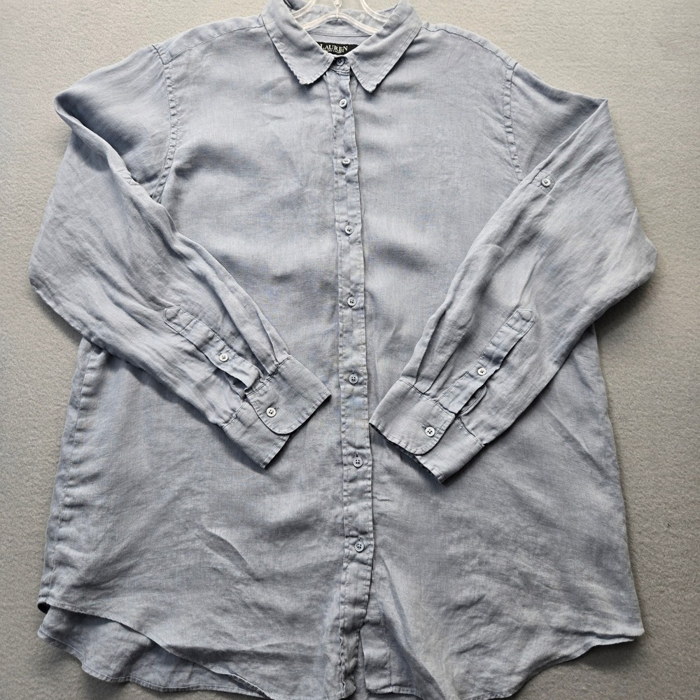 Lauren Ralph Lauren Womens XL Light Blue‎ 100% Linen Roll Tab Button Down Shirt - Picture 2 of 11